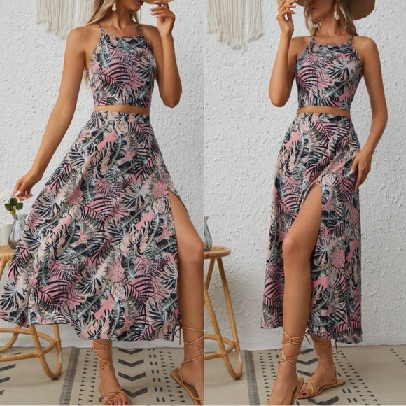 Boho Floral Tropical Print Crop Top Midi Skirt Set - Picture 1 of 3